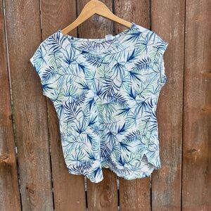 Sigrid Olsen Women’s Linen White Blue Green Leaf Print Short Sleeve Shirt Medium